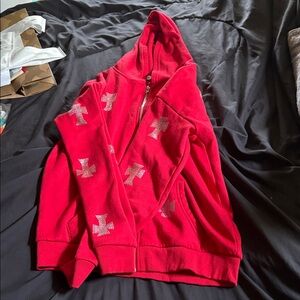 Men's Red Zip-Up Sweater with Cross Pattern